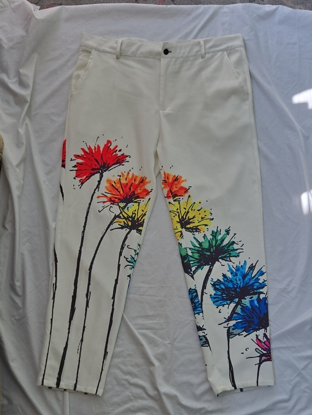 Men's/Unisex Creme White Pants Multicolored Flower Graphics On Legs Front & Back